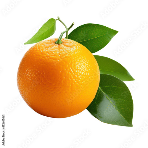 Orange fruit and green leaves isolated on white transparent background, ripe citrus closeup, PNG,