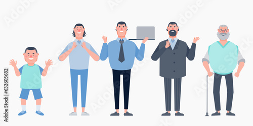 Character with human life cycles vector illustration. Character of a man in different ages