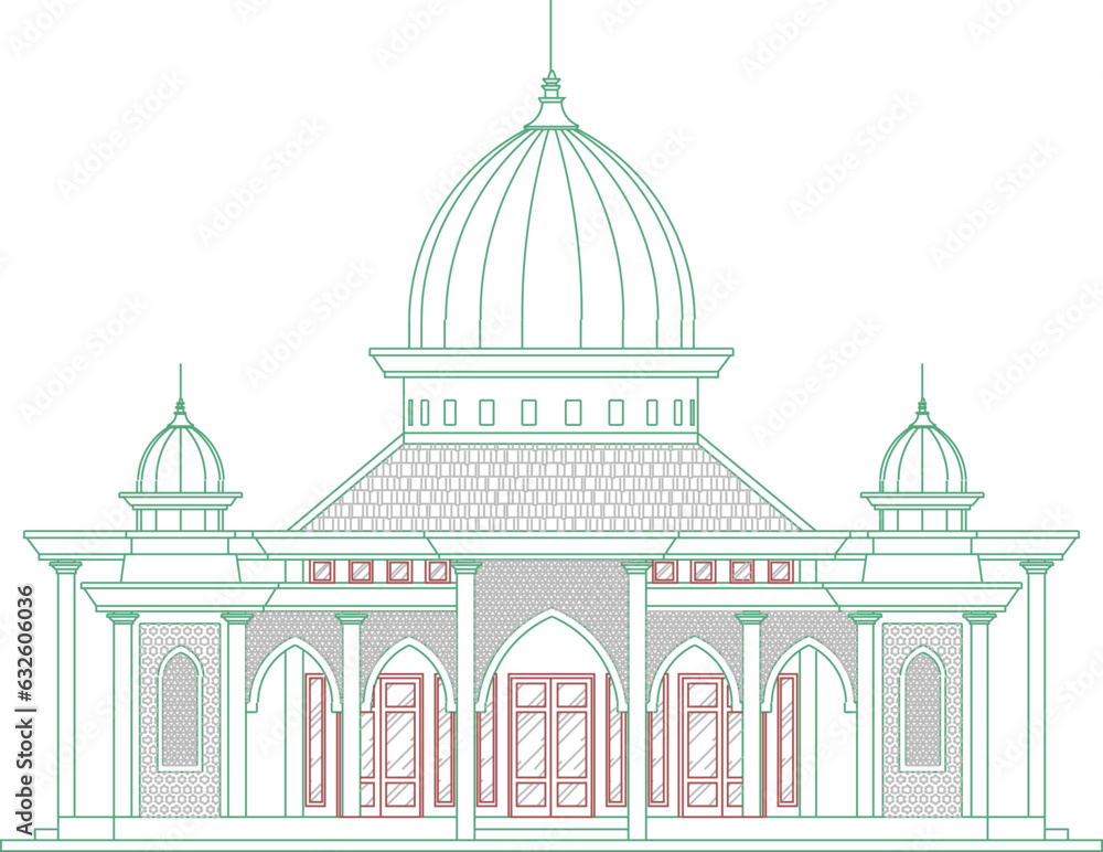 Vector sketch of mosque facade design illustration for a place of prayer for Muslims celebrating Ramadan