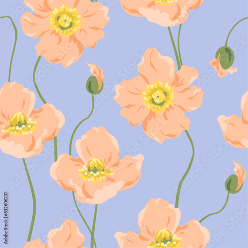 Vector Seamless Peach Poppy Pattern on Blue Background