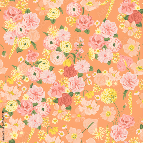 Vector Pastel Seamless Floral Pattern with Roses, Peonies, Hydrangeas, Ranunculus Flowers on Orange Background