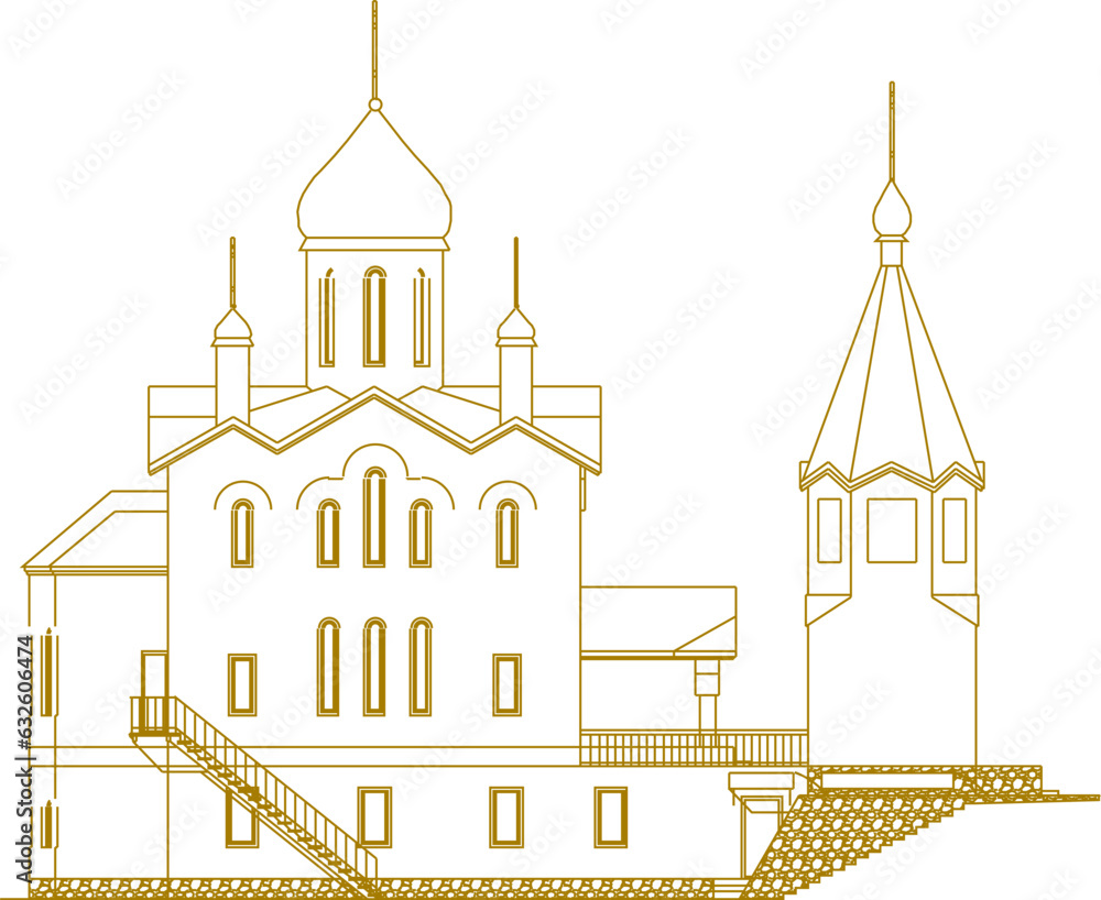 Sketch vector illustration of vintage ancient classic church architecture design with high tower and dome
