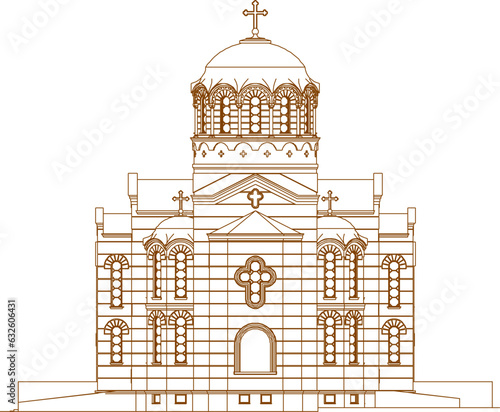 Vector sketch of vintage vintage classic old church architecture design illustration with high tower and dome of byzantine style