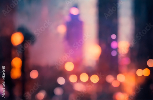 A captivating bokeh effect reveals a blurred cityscape with raindrops and mist. Enchanting play of light and colors adds depth, invoking intrigue and mystery. 