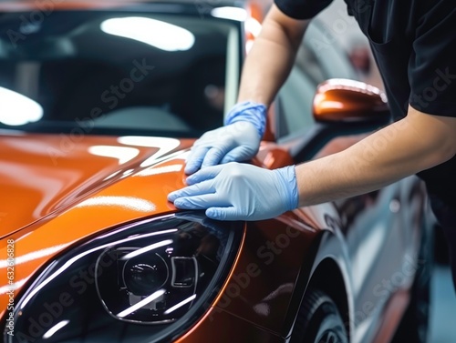 Car detailing - hands with orbital polisher in car repair shop, generated by AI