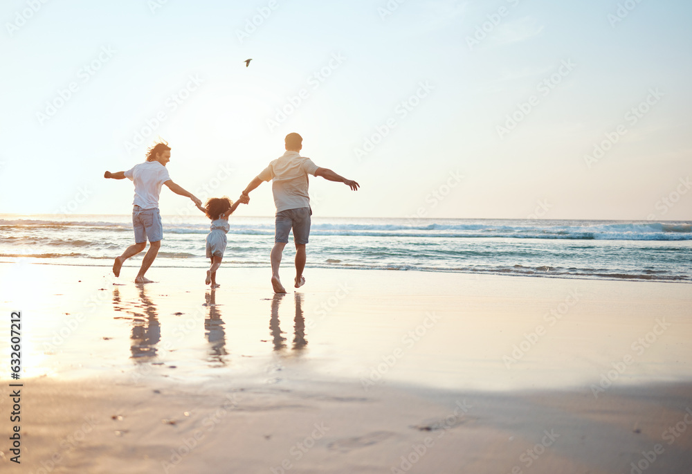 Gay parents holding hands with girl at beach running in water on holiday, vacation and adventure. Lgbtq family, sunset and happy child with fathers by ocean for bonding, relaxing and fun outdoors