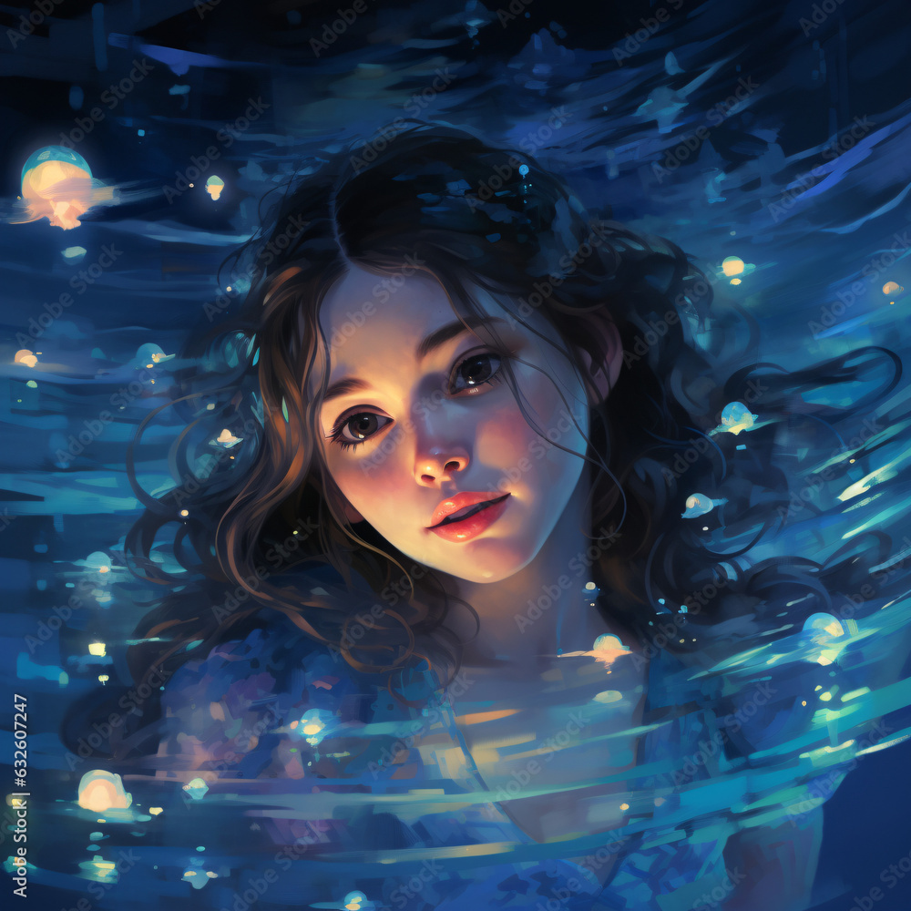 A captivating painting of a sixteen-year-old girl floating, exuding an ethereal and enchanting aura that invites viewers into a world of dreamlike beauty and surreal wonder.