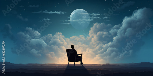  Silhouette of alone person looking at heaven. Lonely man sitting in chair fantasy landscape with shining cloudy sky. Meditation and spiritual life 