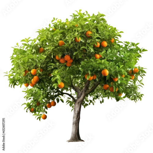 Orange tree isolated on white transparent background, Ripe fruits and citrus green foliage, PNG, 