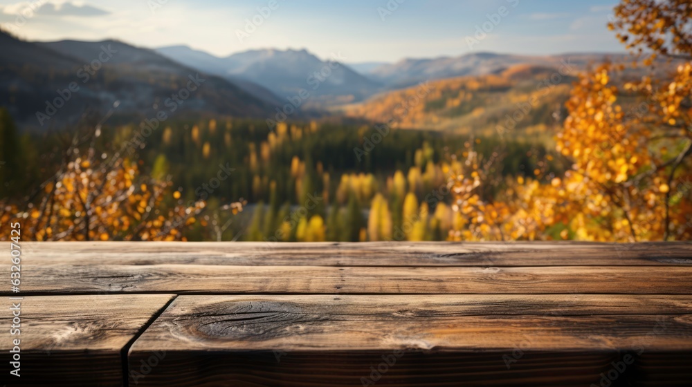 Wooden countertop on a blurred background of autumn colorful landscape. Generated by AI Wooden countertop on a blurred background of autumn colorful landscape. Generated by AI
