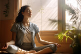 Young woman in sportswear practicing yoga at home, athletic brunette lady sitting on yoga mat with closed eyes and meditating in living room, copy space. Yoga, healthy lifestyle concept. Generative Ai