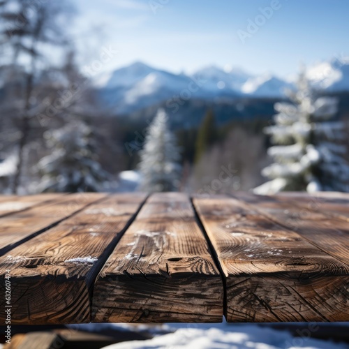 Wooden countertop on a blurred background of a snowy winter landscape. Generated by AI