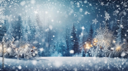 Christmas winter background with snow and blurry bokeh. Generated by AI © DigitalMuseCreations