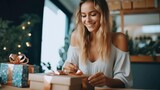 Photo of a curious young woman opening a gift. Generated by AI
