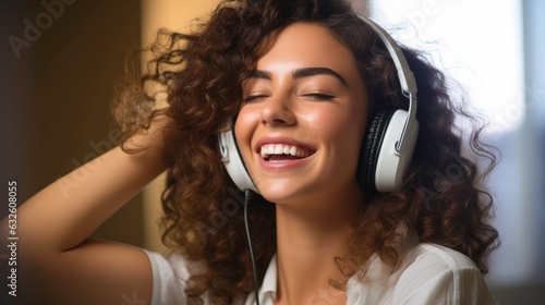 Smiling, a woman listens to music in the studio. Generated by AI