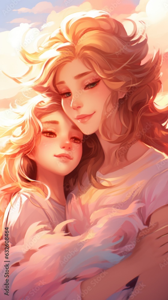 A painting of a mother hugging her daughter. AI. A painting of a mother hugging her daughter. AI.