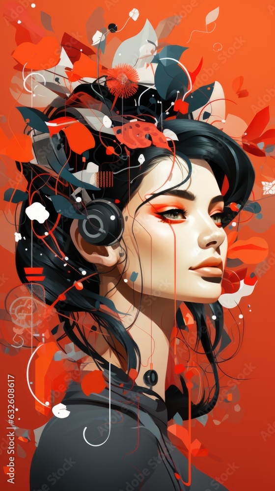 Obraz premium A woman with headphones on her head. AI.