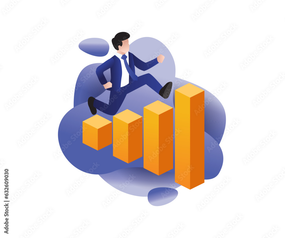 Business analyst bar chart jumping man Business analyst bar chart jumping man