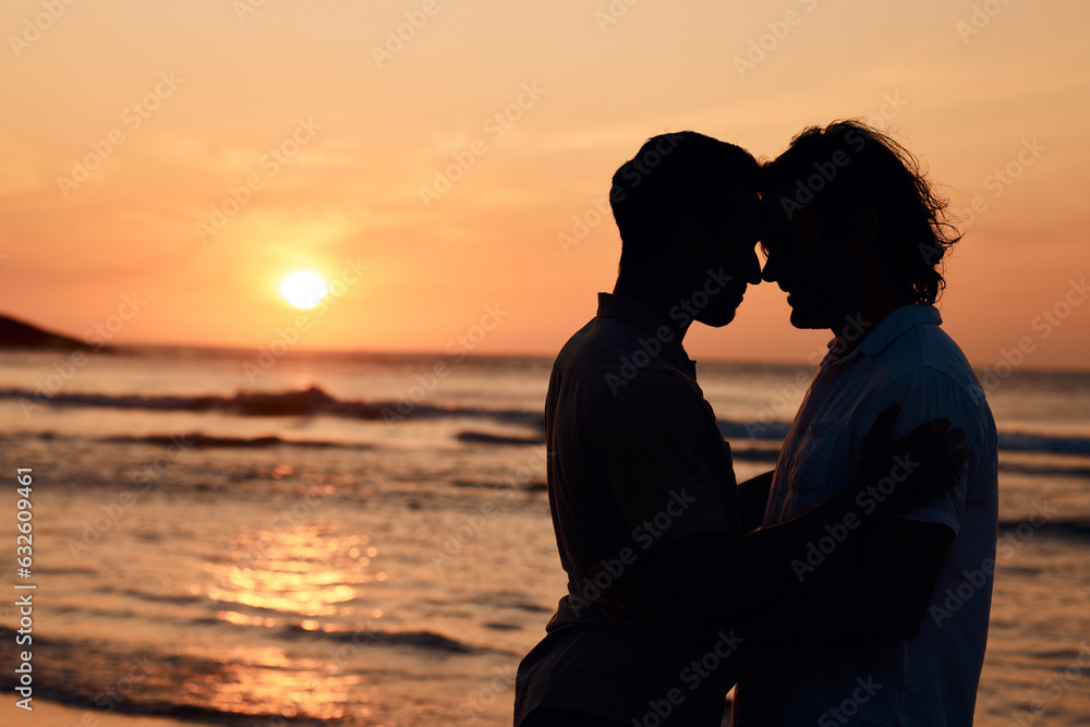 Silhouette, sunset and gay men at ocean, love and mockup on summer vacation together in Thailand. Sunshine, beach and romance, lgbt couple in nature space and island holiday with pride, sea and waves