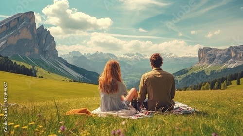 Young couple in love doing picnic visiting alps Dolomites. Boyfriend and girlfriend sitting and looking at the beautiful scenic green meadow landscape. Generative Ai © Nakron