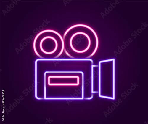 Glowing neon line Retro cinema camera icon isolated on black background. Video camera. Movie sign. Film projector. Colorful outline concept. Vector