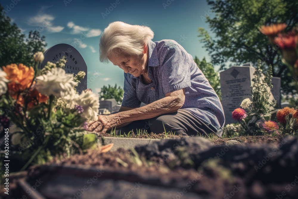 An old woman lays flowers on her deceased husband's grave in a cemetery ...