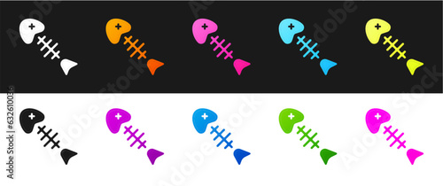 Set Fish skeleton icon isolated on black and white background. Fish bone sign. Vector