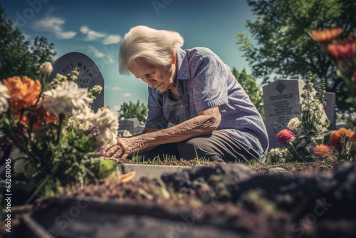 An old woman lays flowers on her deceased husband's grave in a cemetery. Generative AI