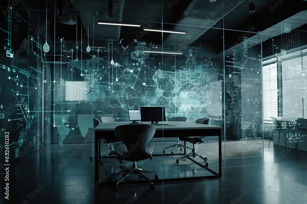A modern office background serves as the perfect canvas for an abstract virtual stats data hologram, created through multi-exposure techniques. Generative AI A modern office background serves as the perfect canvas for an abstract virtual stats data hologram, created through multi-exposure techniques. Generative AI