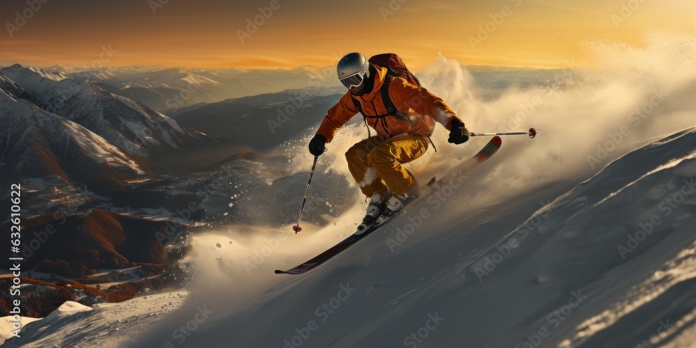 Eco-tourism skiing. A skier is flying fully rested in the mountains during the sunset.
