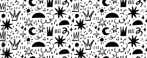 Childish doodles cute seamless pattern. Swirls, crowns, sparkles, bold circles and stars. Charcoal drawn abstract shapes and various lines. Hand drawn creative shapes, lines and figures design banner.
