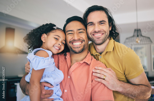 LGBT, portrait and girl child hug parents, happy and smile while enjoying family time in their home together. Gay, love fathers with foster kid in a living room embrace, sweet and care in their house