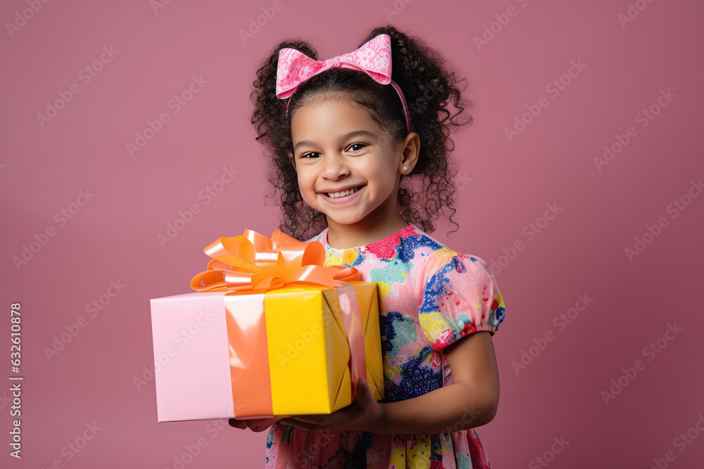 A little girl stands with a gift box in her hands. Generated Ai A little girl stands with a gift box in her hands. Generated Ai