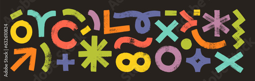 Creative hand drawn various shapes and doodle objects in grunge style. Bold brush drawn colorful circles, asterisk, infinity sign, x, arrow, wavy and squiggle lines. Naive playful vector shapes.