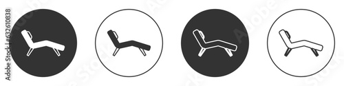 Black Armchair icon isolated on white background. Circle button. Vector