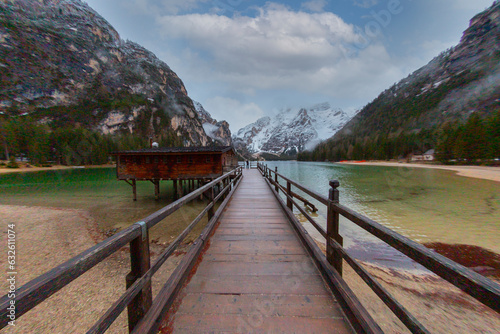 Lake Braies  Lago di Braies  in Dolomites Mountains  Boat hut on Braies Lake with Seekofel mount on background  Sunrise of Italian Alps  Naturepark Fanes-Sennes-Prags  Dolomite  Italy  Europe.