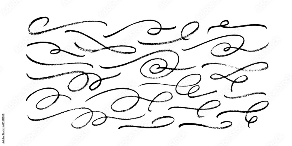 Calligraphy wavy lines collection. Highlight text elements, decorative flourishes, brush drawn swashes. Hand drawn curly swishes. Classic vector calligraphy decoration for text and banners.