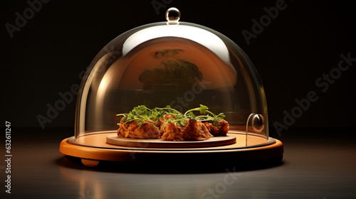 Stainless steel cap with food on a served table in a restaurant.