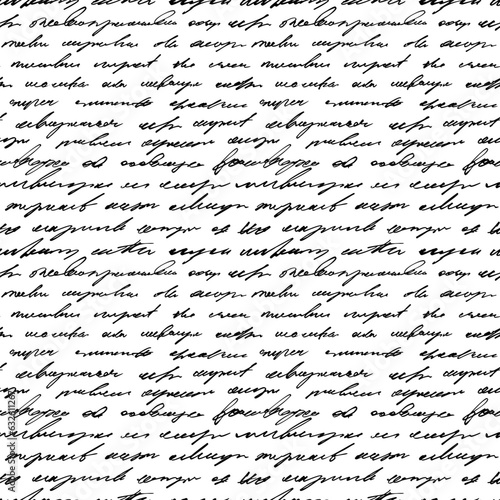 Illegible, unreadable handwritten text seamless pattern. Cursive english text written by a pen or small brush. Seamless pattern with illegible cursive words. Black vector script.