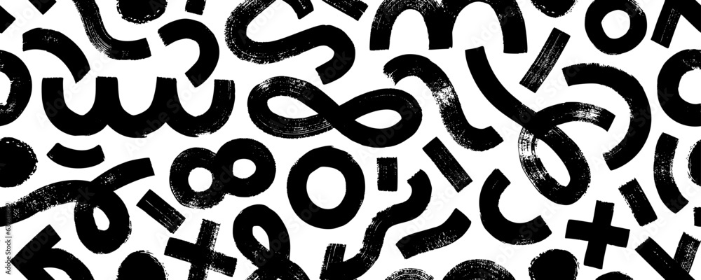 Various doodle grunge shapes seamless pattern. Brush drawn bold curly lines, forms, arches, squiggles and waves, brush strokes and doodle objects. Abstract modern minimalist trendy vector pattern.