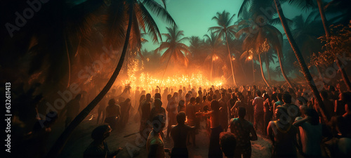 Party people. Goa party with dancig people. Night dance party in a beach among palm trees. Crowd of thousands of people dance. Generative AI photo