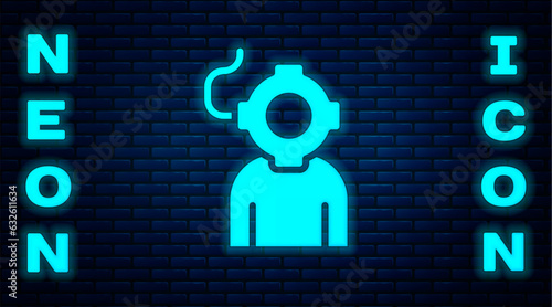 Glowing neon Aqualung icon isolated on brick wall background. Diving helmet. Diving underwater equipment. Vector