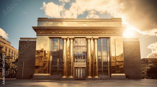 A bank building made of shiny gold, concept for institutional market trading, generative ai photo