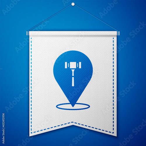Blue Auction hammer icon isolated on blue background. Gavel - hammer of judge or auctioneer. Bidding process, deal done. Auction bidding. White pennant template. Vector