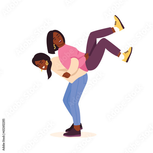 Two cheerful dark-skinned girlfriends are fooling around and laughing. Vector illustration of girls in flat style