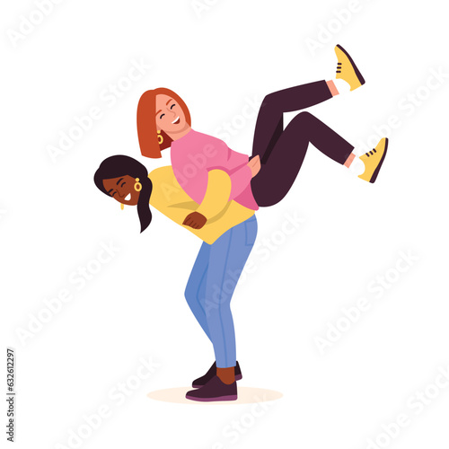 Two cheerful girlfriends are fooling around and laughing. Vector illustration of girls in flat style