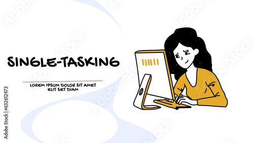 Vector of a young businesswoman working on laptop computer staying focused on one task at a time
