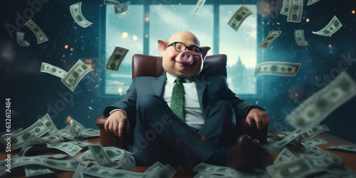 A fat smug businessman with a pig head relaxes in an office while money rains down. Corporate greed, financial collapse, destruction and excess. Fat cats causing a financial crisis, corporate welfare. photo