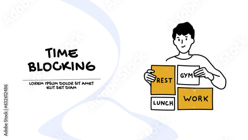 Time blocking concept. Vector of a man staying organized planning his day wisely