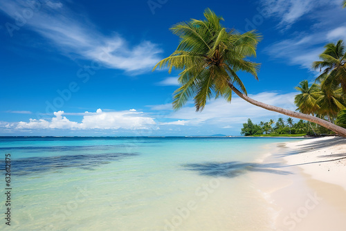 White sand beach with coconut palm trees, Generative AI © pomiti